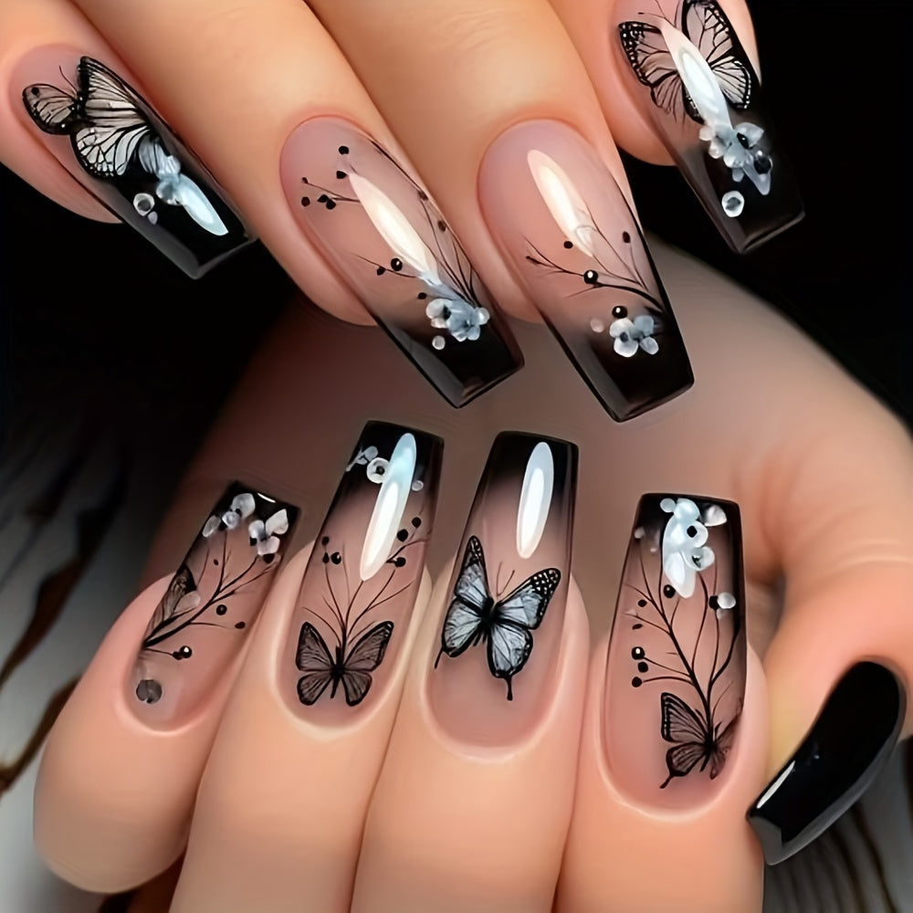 A Pack of 24 Ballet-Shaped Press-On Nails Featuring a Sweet And Cool Butterfly Design, Glossy Finish, Suitable for Women And Girls in The False Nail Category.