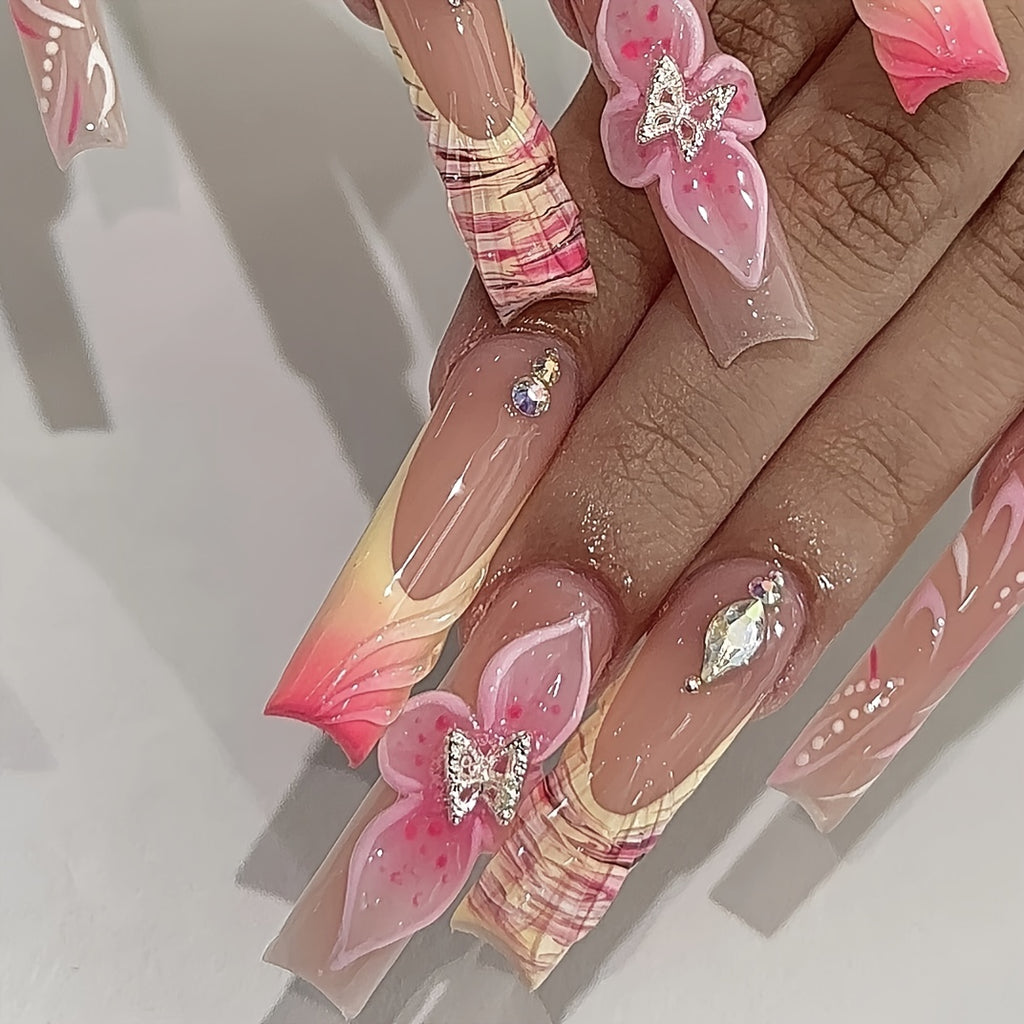 10pcs Handmade Press-On Nails for Women, Full Cover Reusable French Manicure with Cute Flowers, Bowknots & Gradient Design, Sparkling Hand-Painted Nails, Pink & Nude, Middle Length, Glossy Finish, French Tip Nails | Floral Na