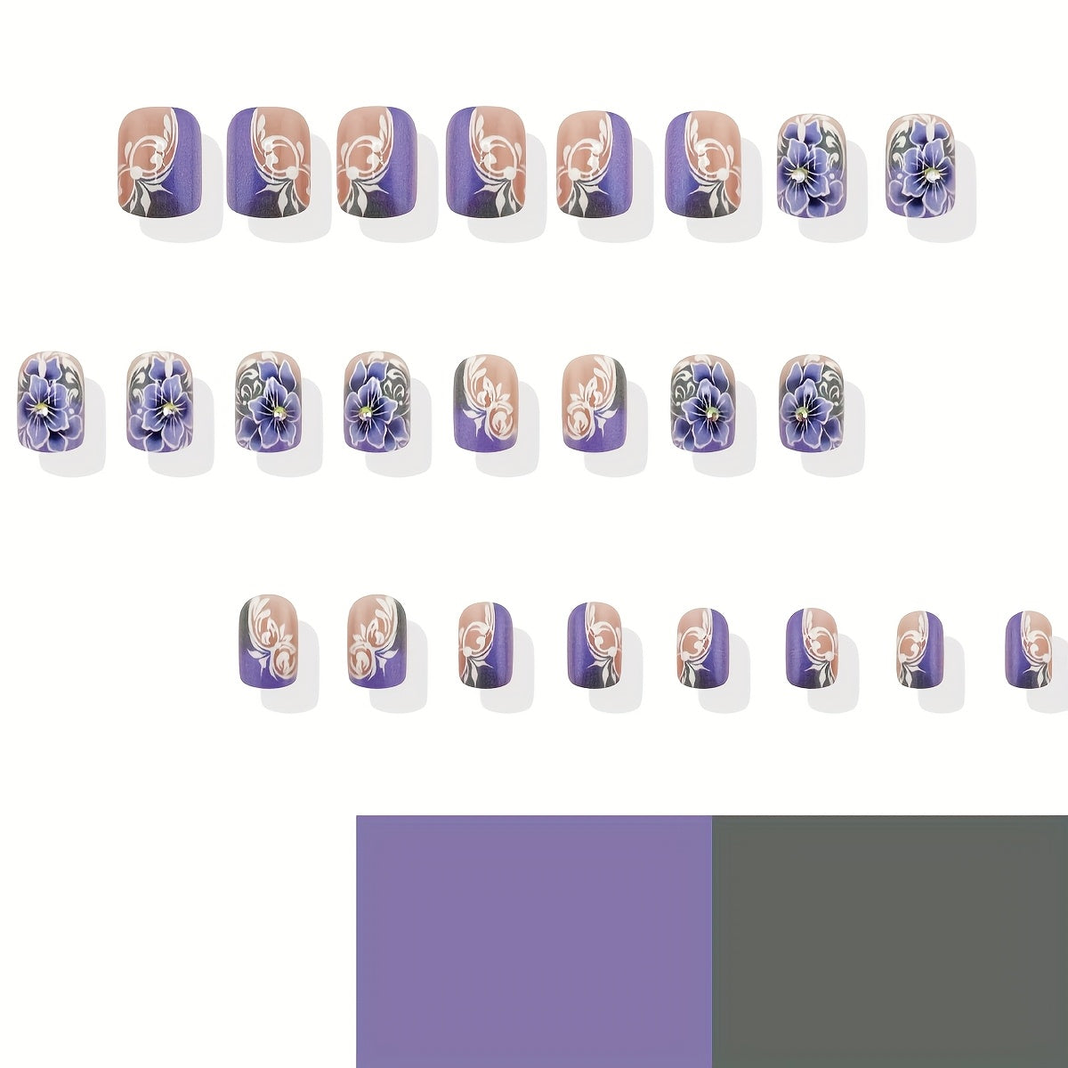 24pcs Short Square Full Coverage Glossy Artificial Nail&Nail File & Backing Gel Manicure Set, Vintage White European Lines Romantic Purple Flower 3D Rhinestone Design Fake Nails, College Style, Suitable for Daily Wear