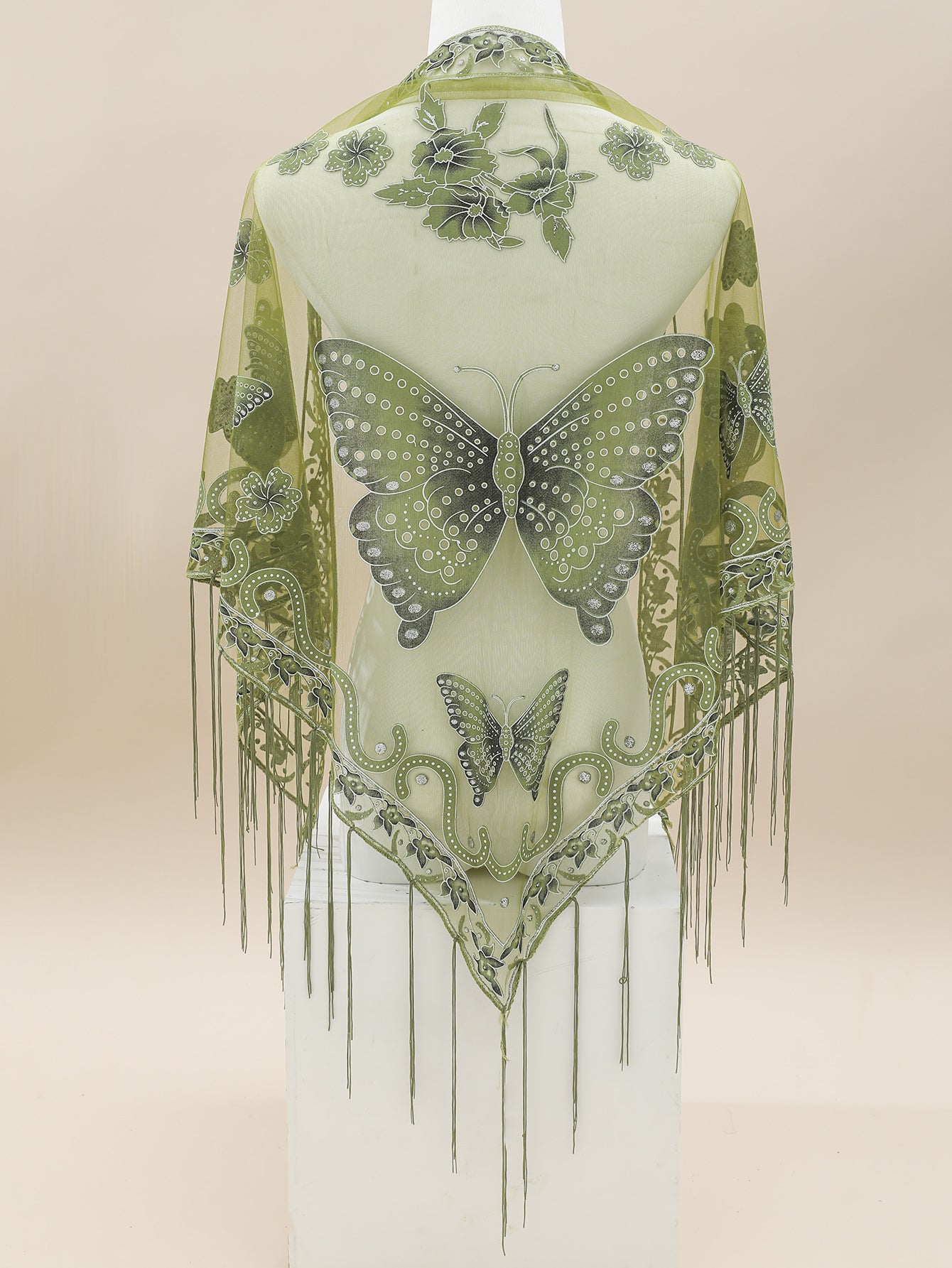 [Elegant Scarf] Elegant Breathable Triangle Scarf - 29.5"×55.1" Butterfly Flower Embroidery Lace Tassel Shawl Windproof Wrap Outdoor Accessories