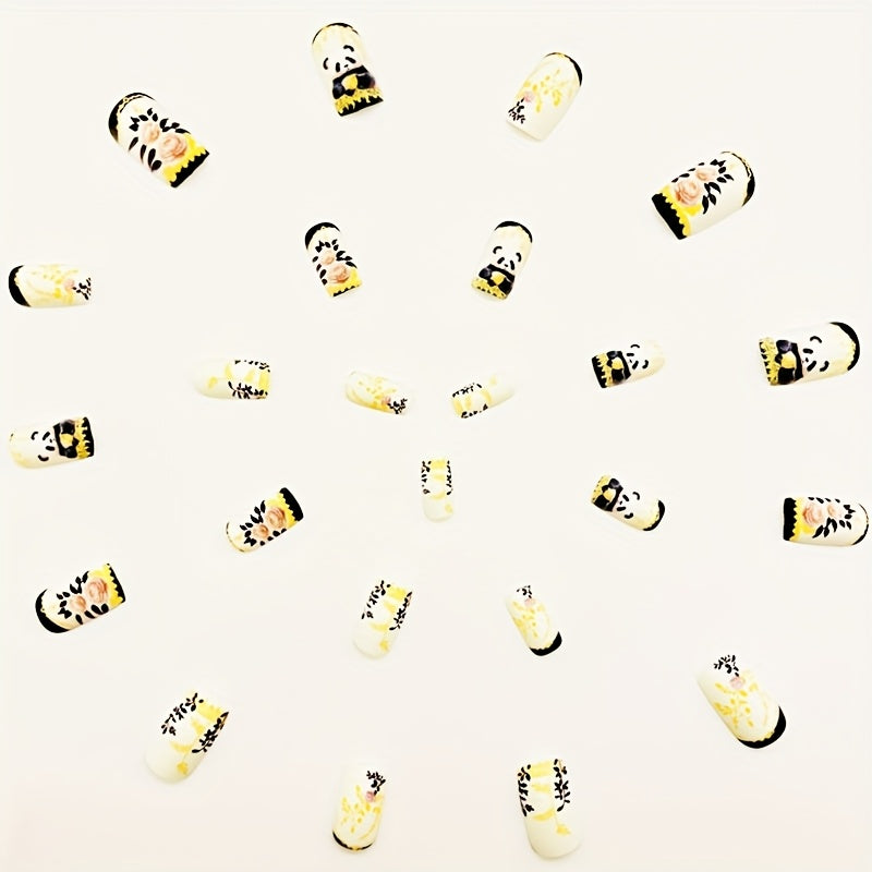 24pcs Short Square Matte Press-On Nails with Cute Panda & Floral Design – White Base, Black & Pink Accents, Golden Glitter, Perfect for Parties, Gifts, and Everyday Elegance