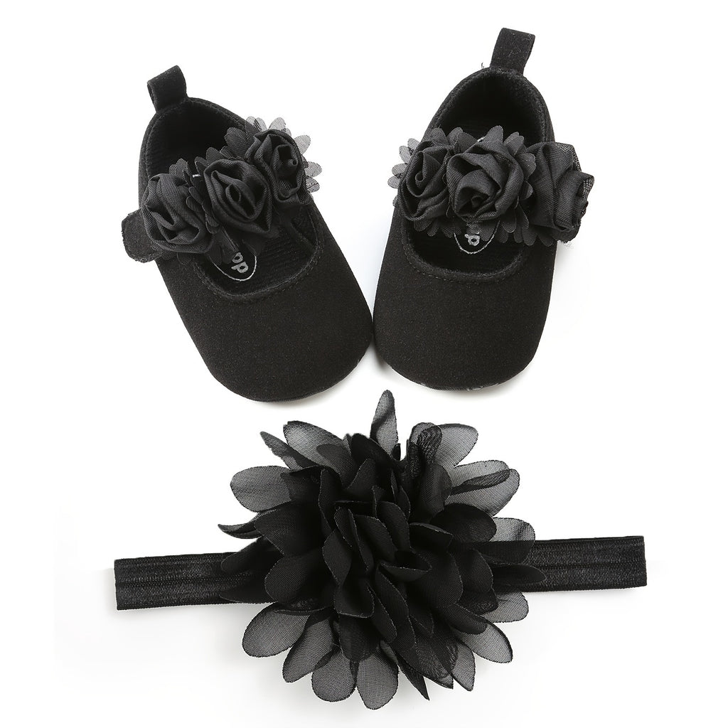 Baby Girls Mary Jane Flat Shoes With Floral Decor & Headband, Princess Wedding Crib Shoes For Infant Newborn First Walkers Prewalkers