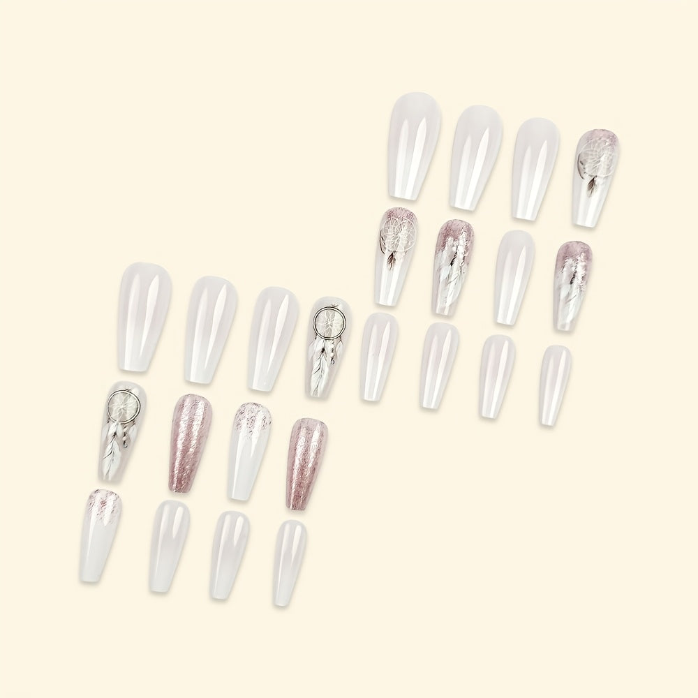 24pcs Set of Coffee glitter gradient dream catcher white feather with Glossy Finish, Removable Pattern Fake Nails for Women & Girls - Ideal for Spring & Summer, Nails for Girls