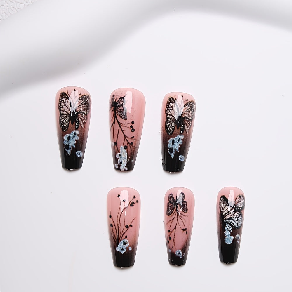 A Pack of 24 Ballet-Shaped Press-On Nails Featuring a Sweet And Cool Butterfly Design, Glossy Finish, Suitable for Women And Girls in The False Nail Category.