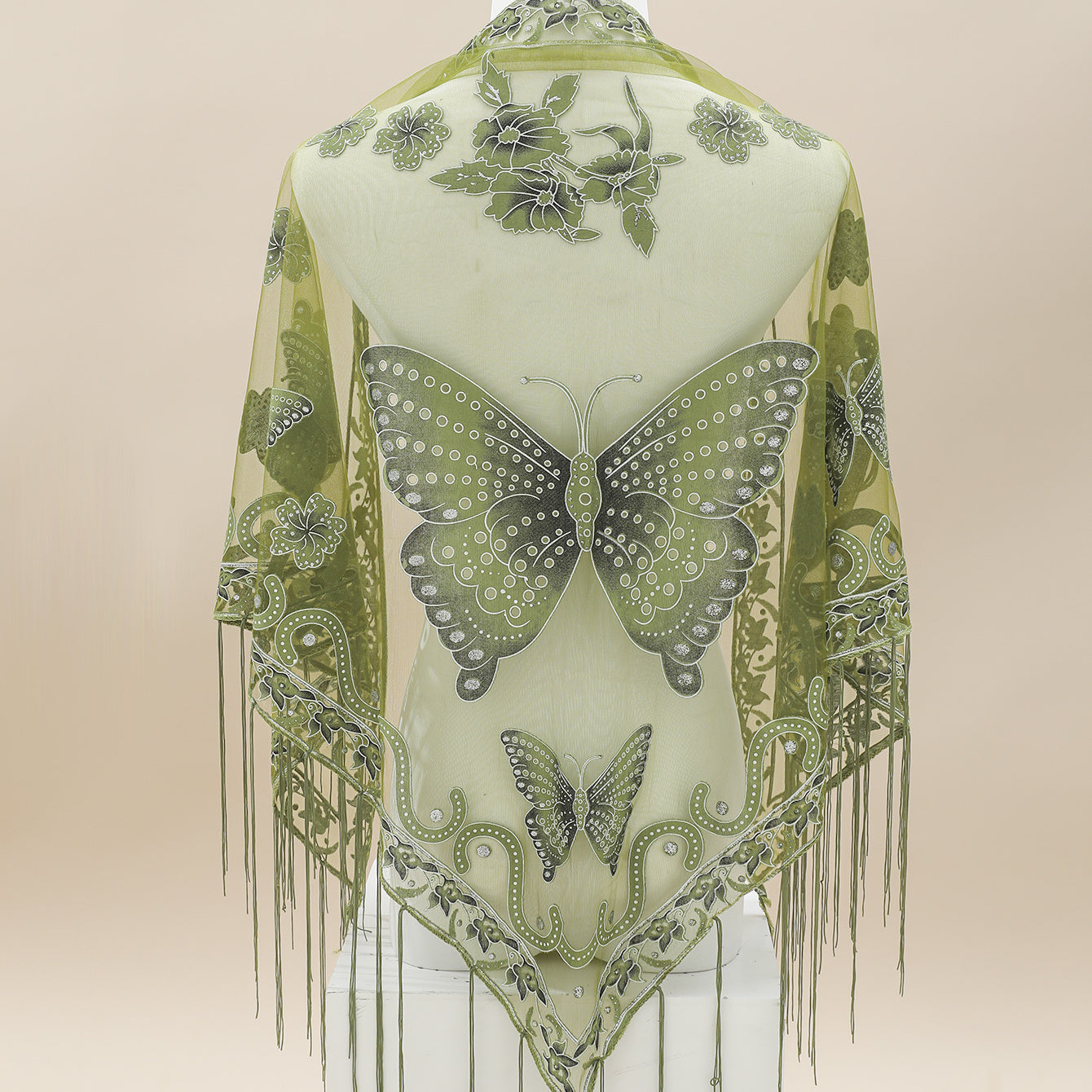[Elegant Scarf] Elegant Breathable Triangle Scarf - 29.5"×55.1" Butterfly Flower Embroidery Lace Tassel Shawl Windproof Wrap Outdoor Accessories
