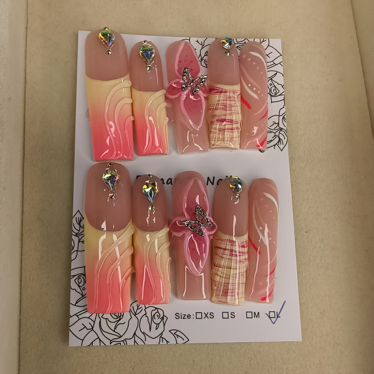 10pcs Handmade Press-On Nails for Women, Full Cover Reusable French Manicure with Cute Flowers, Bowknots & Gradient Design, Sparkling Hand-Painted Nails, Pink & Nude, Middle Length, Glossy Finish, French Tip Nails | Floral Na