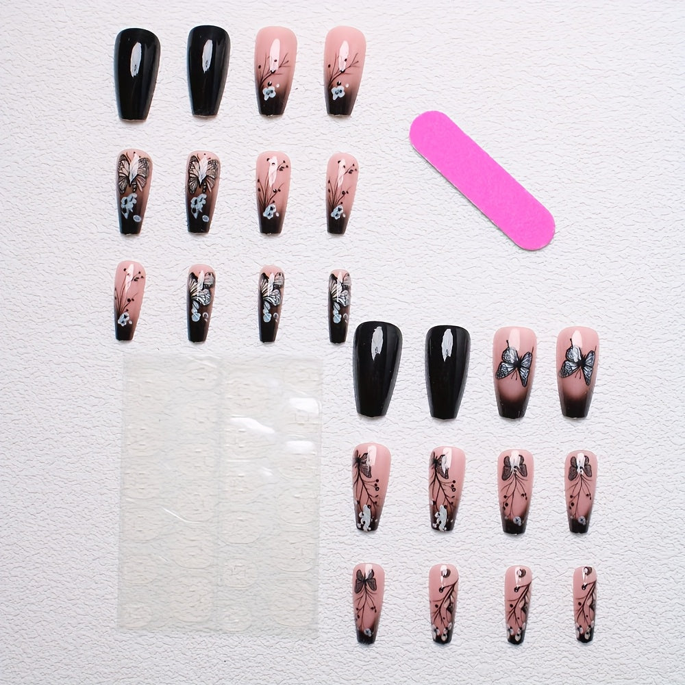 A Pack of 24 Ballet-Shaped Press-On Nails Featuring a Sweet And Cool Butterfly Design, Glossy Finish, Suitable for Women And Girls in The False Nail Category.