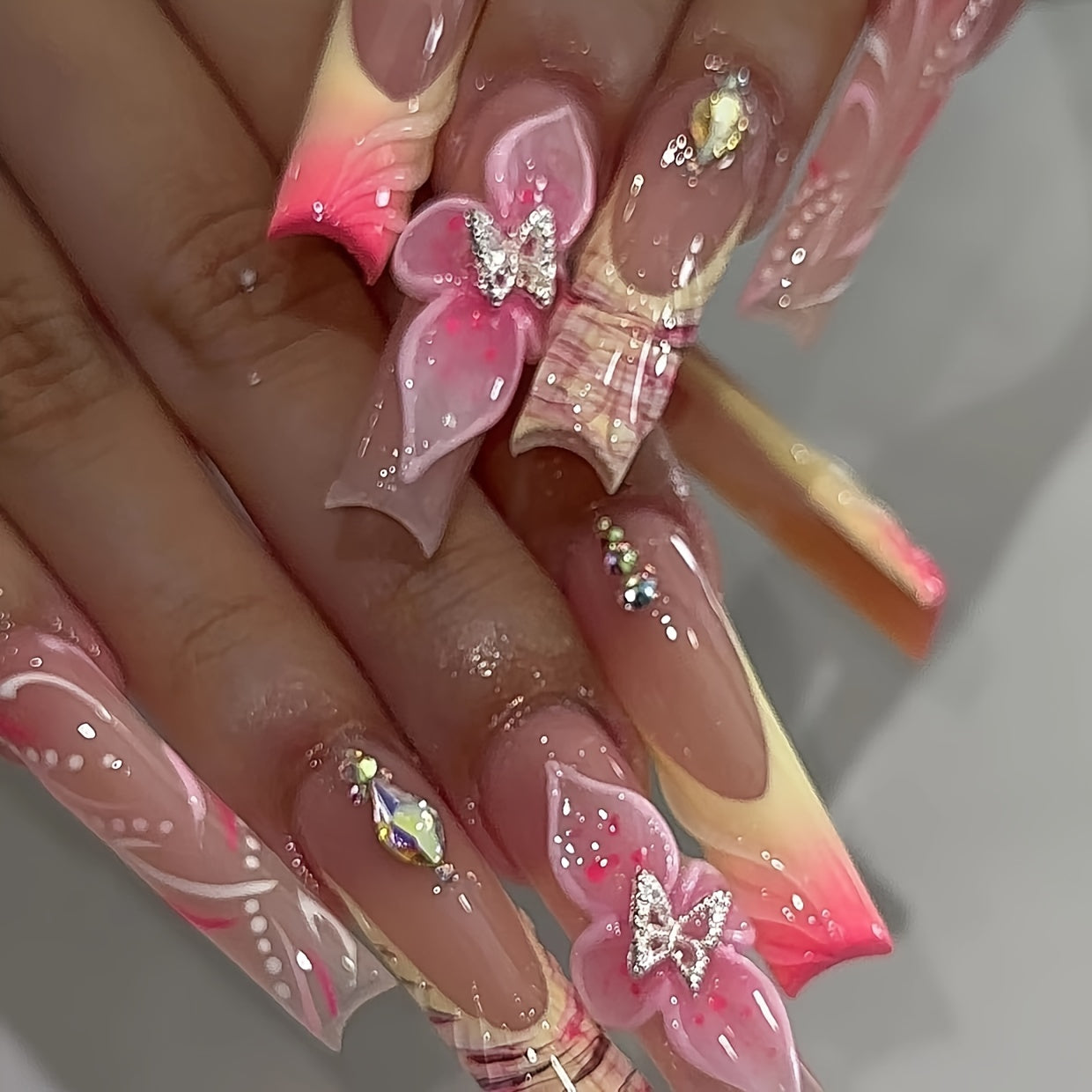 10pcs Handmade Press-On Nails for Women, Full Cover Reusable French Manicure with Cute Flowers, Bowknots & Gradient Design, Sparkling Hand-Painted Nails, Pink & Nude, Middle Length, Glossy Finish, French Tip Nails | Floral Na