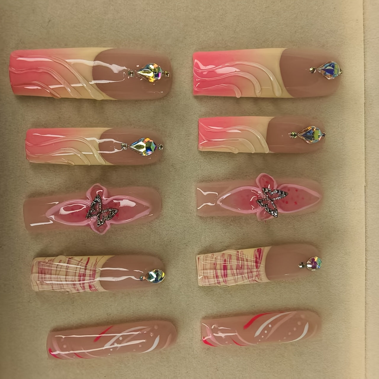 10pcs Handmade Press-On Nails for Women, Full Cover Reusable French Manicure with Cute Flowers, Bowknots & Gradient Design, Sparkling Hand-Painted Nails, Pink & Nude, Middle Length, Glossy Finish, French Tip Nails | Floral Na