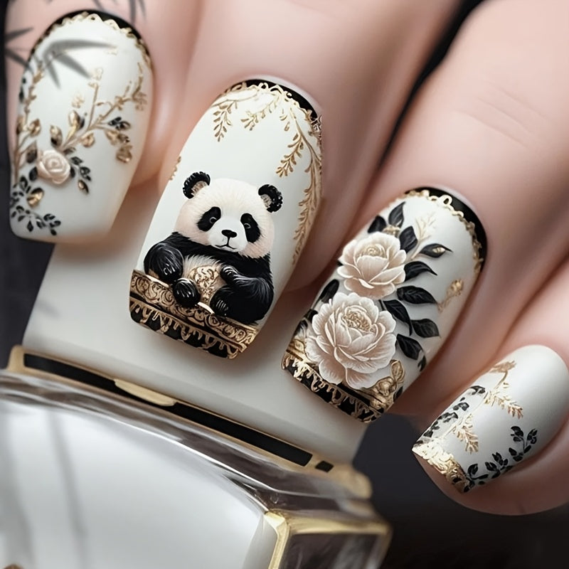 24pcs Short Square Matte Press-On Nails with Cute Panda & Floral Design – White Base, Black & Pink Accents, Golden Glitter, Perfect for Parties, Gifts, and Everyday Elegance
