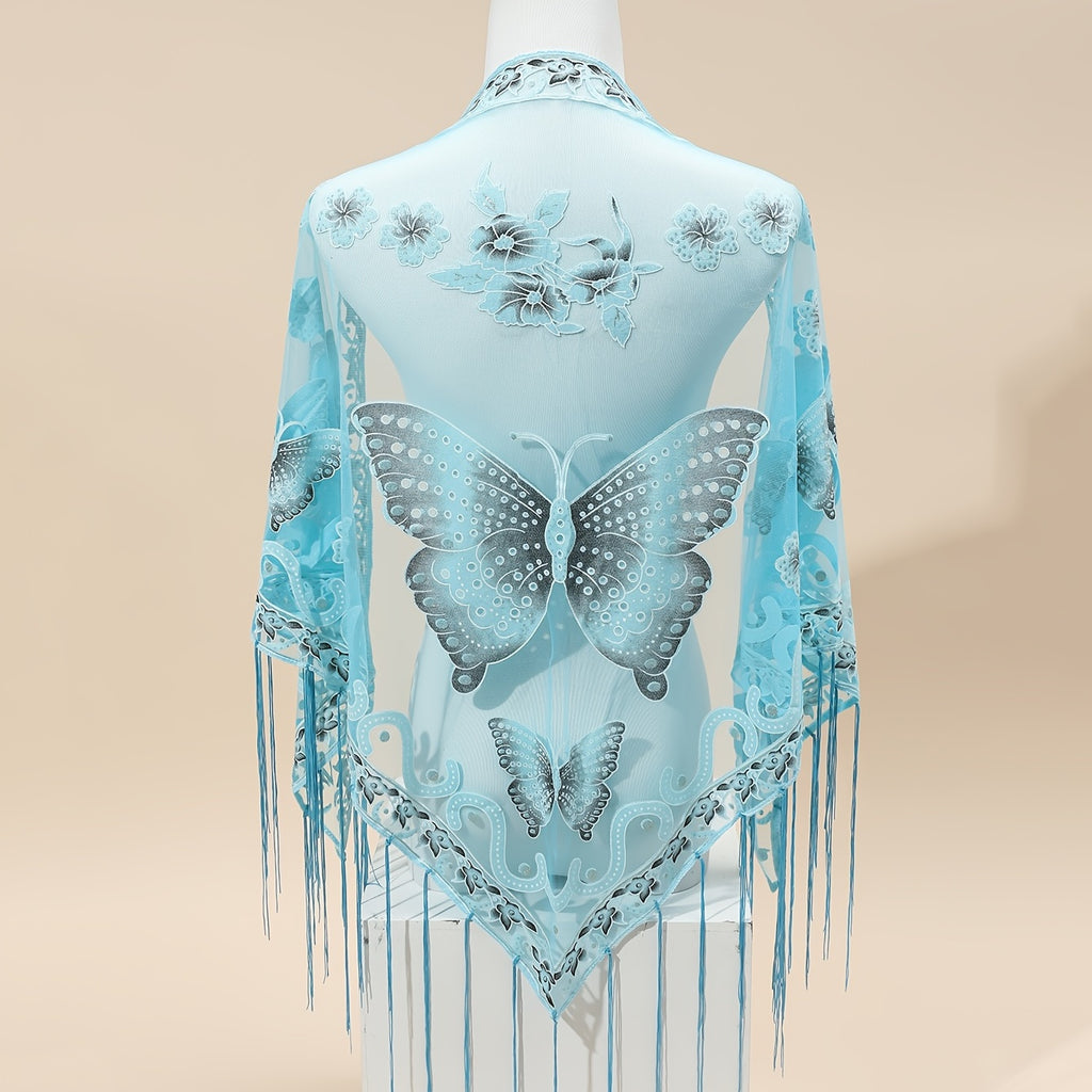 [Elegant Scarf] Elegant Breathable Triangle Scarf - 29.5"×55.1" Butterfly Flower Embroidery Lace Tassel Shawl Windproof Wrap Outdoor Accessories