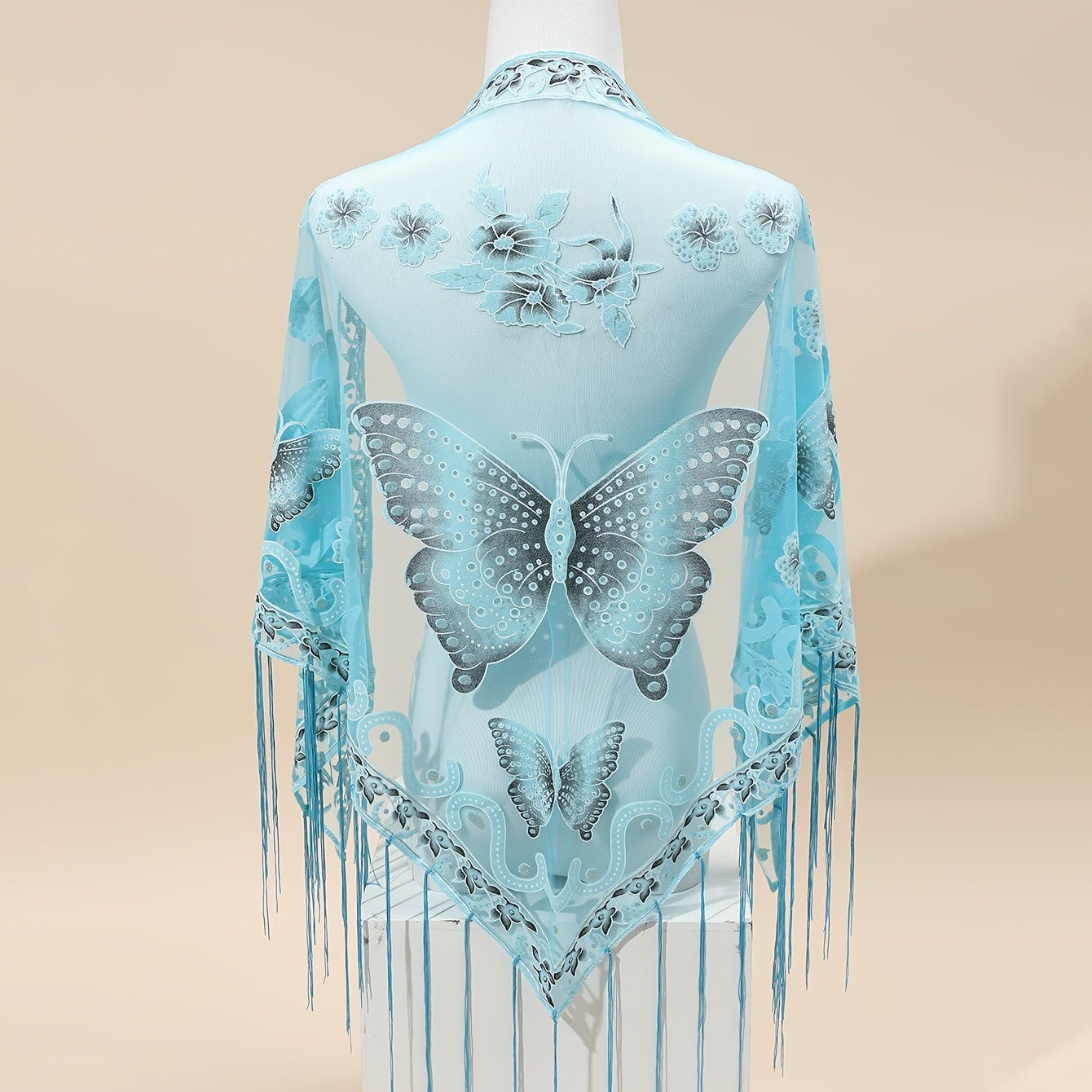 [Elegant Scarf] Elegant Breathable Triangle Scarf - 29.5"×55.1" Butterfly Flower Embroidery Lace Tassel Shawl Windproof Wrap Outdoor Accessories