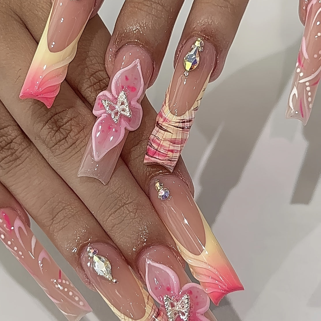 10pcs Handmade Press-On Nails for Women, Full Cover Reusable French Manicure with Cute Flowers, Bowknots & Gradient Design, Sparkling Hand-Painted Nails, Pink & Nude, Middle Length, Glossy Finish, French Tip Nails | Floral Na