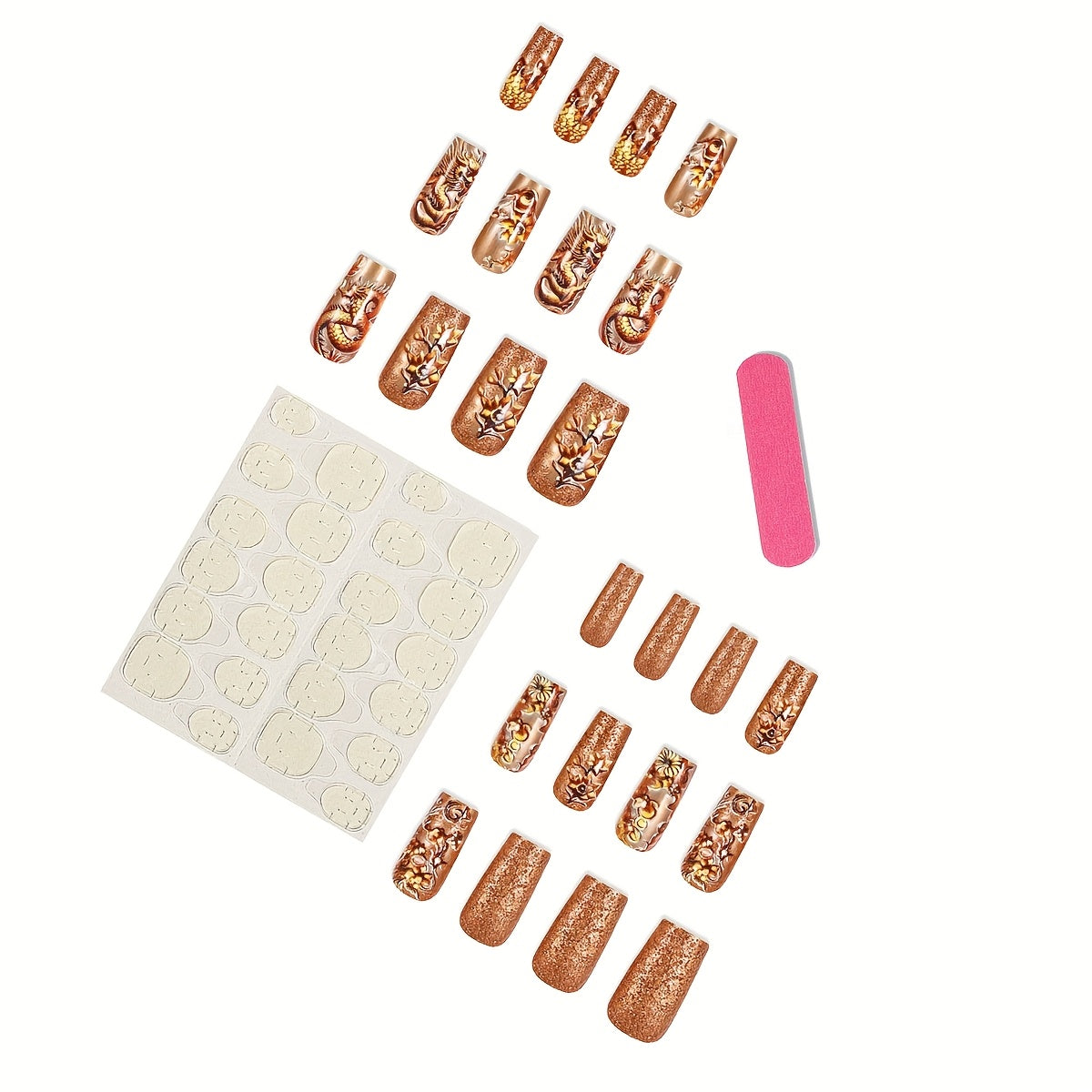 [24pcs Golden Press-On Nails] 24pcs Luxurious Golden Dragon & Floral Design Long Square Press-On Nails | Sparkling Metallic Finish with Jelly Glue & Nail File Included