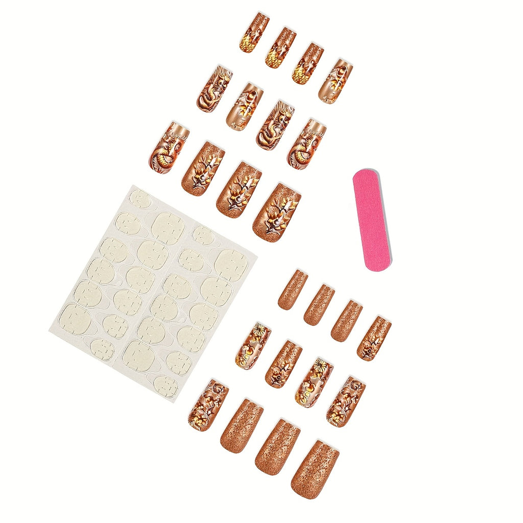 [24pcs Golden Press-On Nails] 24pcs Luxurious Golden Dragon & Floral Design Long Square Press-On Nails | Sparkling Metallic Finish with Jelly Glue & Nail File Included