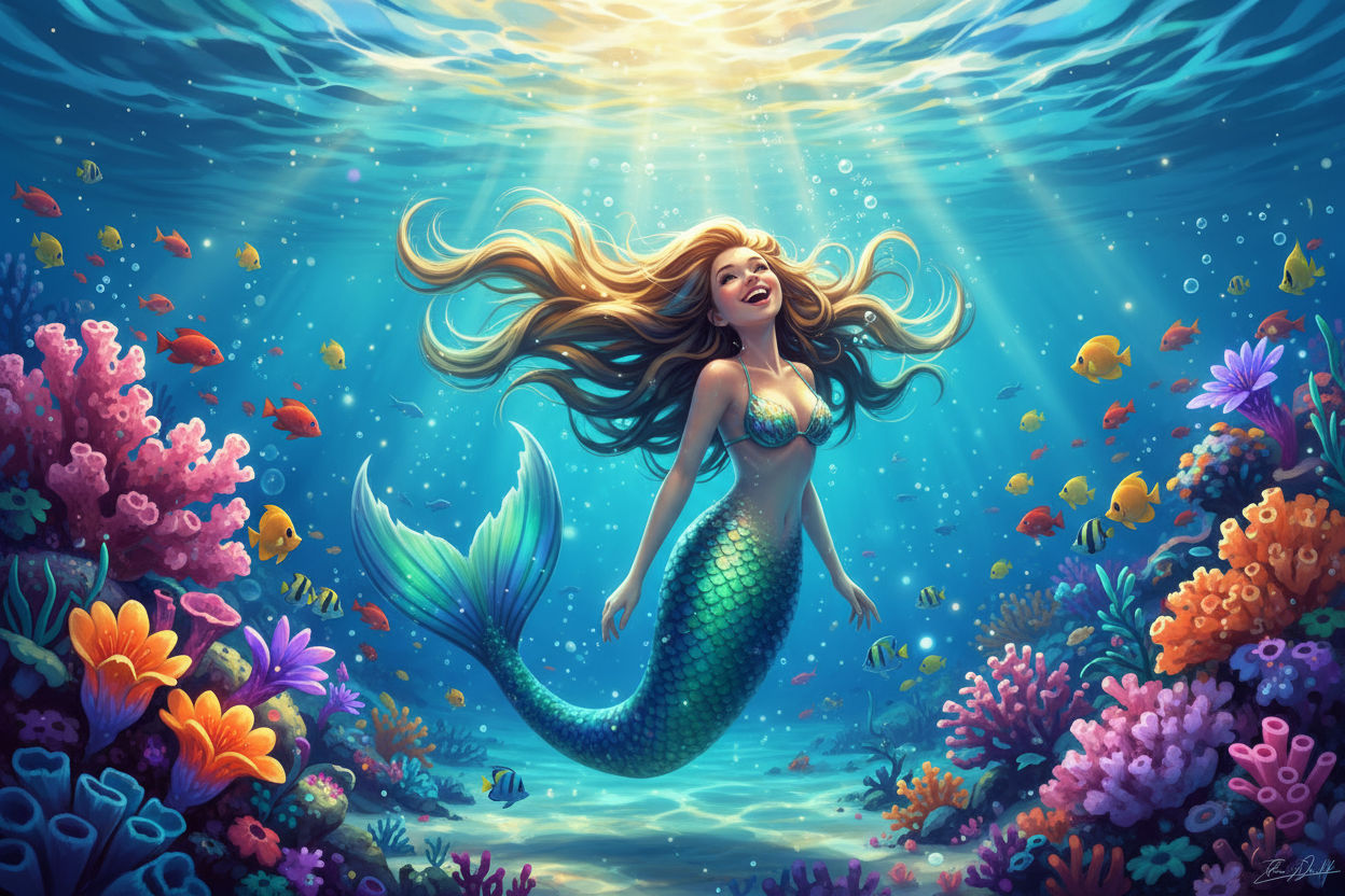 una sirena de el mar con colores bonitos riendo 